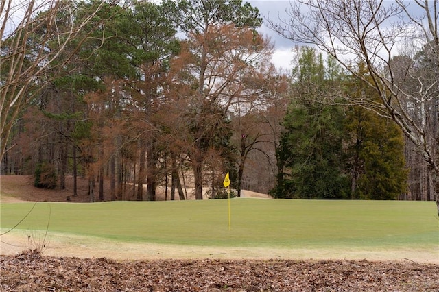 view of community with a lawn and golf course view