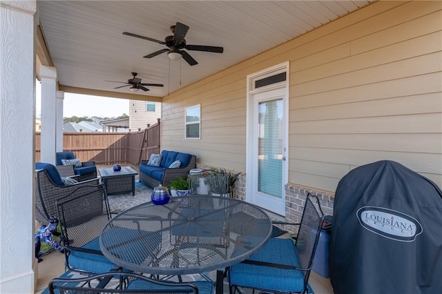 view of patio / terrace featuring ceiling fan and an outdoor hangout area