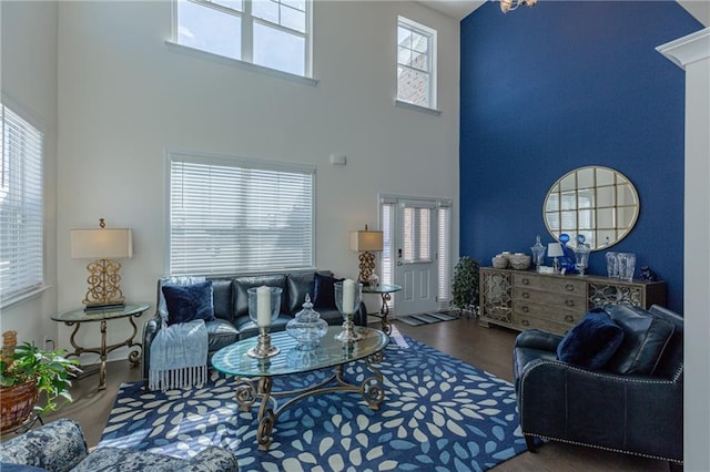 living room featuring a high ceiling and dark hardwood / wood-style flooring