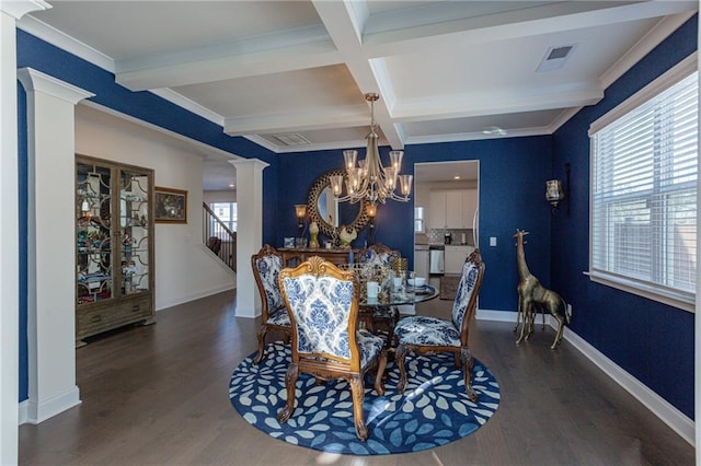 dining space featuring ornate columns, coffered ceiling, a wealth of natural light, and beam ceiling