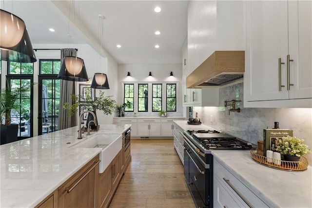 320 Shady Grove Ln, Alpharetta, GA 30009 - kitchen featuring range with two ovens, a sink, premium range hood, recessed lighting, and light stone countertops