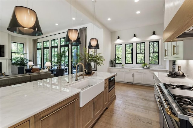 320 Shady Grove Ln, Alpharetta, GA 30009 - kitchen featuring a sink, extractor fan, light stone counters, stainless steel range, and light wood finished floors