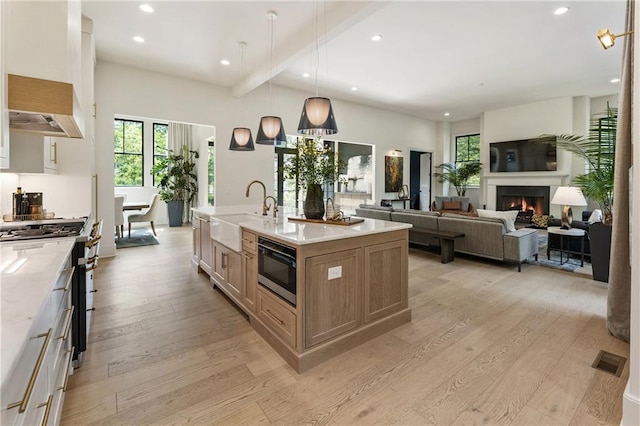 320 Shady Grove Ln, Alpharetta, GA 30009 - kitchen with a sink, stainless steel stove, light wood-style floors, built in microwave, and recessed lighting