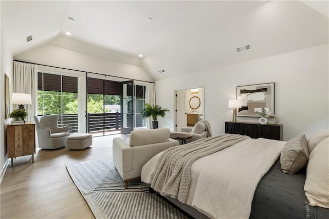 320 Shady Grove Ln, Alpharetta, GA 30009 - bedroom with vaulted ceiling, access to exterior, wood finished floors, and recessed lighting