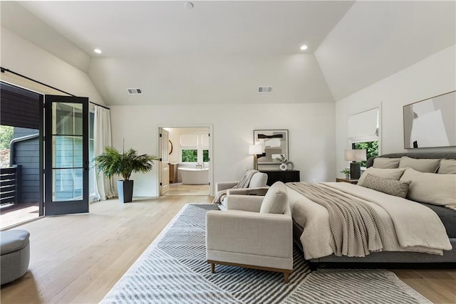 320 Shady Grove Ln, Alpharetta, GA 30009 - bedroom with access to exterior, light wood finished floors, connected bathroom, recessed lighting, and high vaulted ceiling