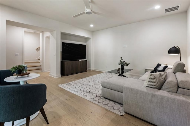 320 Shady Grove Ln, Alpharetta, GA 30009 - living area featuring stairs, ceiling fan, light wood-type flooring, recessed lighting, and baseboards