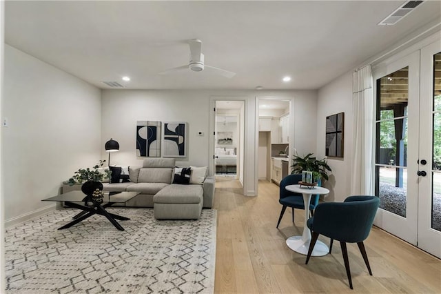 320 Shady Grove Ln, Alpharetta, GA 30009 - living area with recessed lighting, light wood-style floors, french doors, ceiling fan, and baseboards