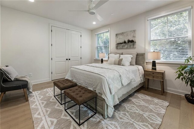320 Shady Grove Ln, Alpharetta, GA 30009 - bedroom with baseboards, light wood-type flooring, recessed lighting, a closet, and ceiling fan