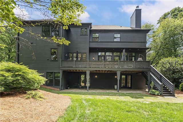 320 Shady Grove Ln, Alpharetta, GA 30009 - rear view of house featuring a yard, a chimney, a deck, stairs, and french doors