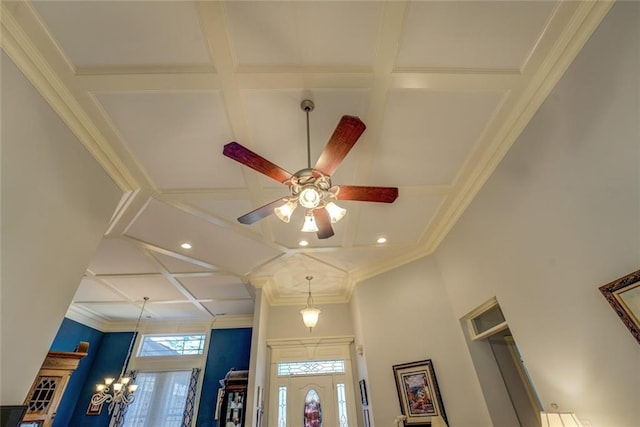 detailed view of coffered ceiling, crown molding, recessed lighting, beam ceiling, and a ceiling fan