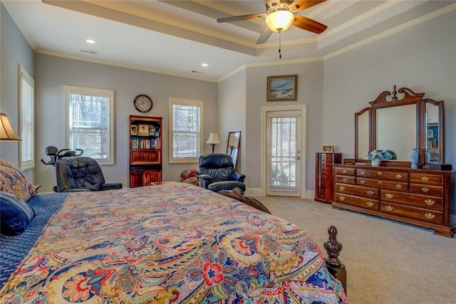 carpeted bedroom featuring a raised ceiling, crown molding, a ceiling fan, recessed lighting, and access to outside