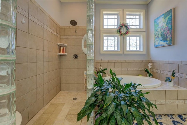 bathroom featuring a bath, a walk in shower, and crown molding