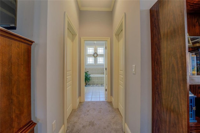 corridor featuring ornamental molding, carpet, and baseboards