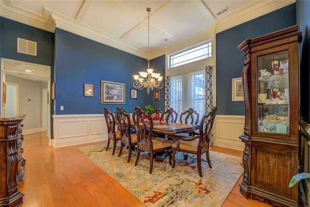 dining space with a chandelier, light wood-style floors, coffered ceiling, wainscoting, and a decorative wall