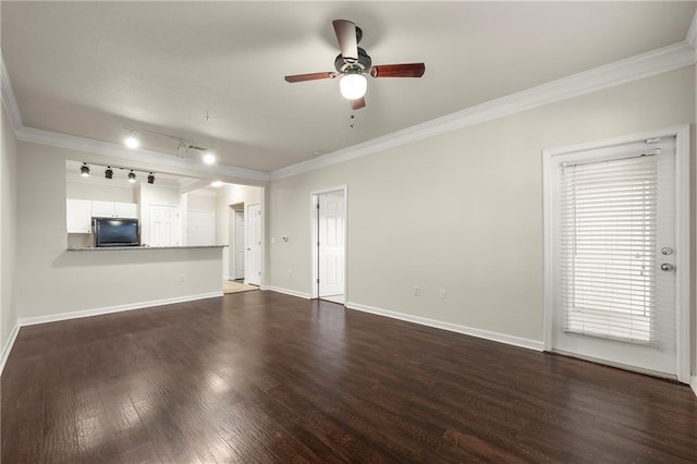 unfurnished living room featuring dark hardwood / wood-style flooring, crown molding, and ceiling fan