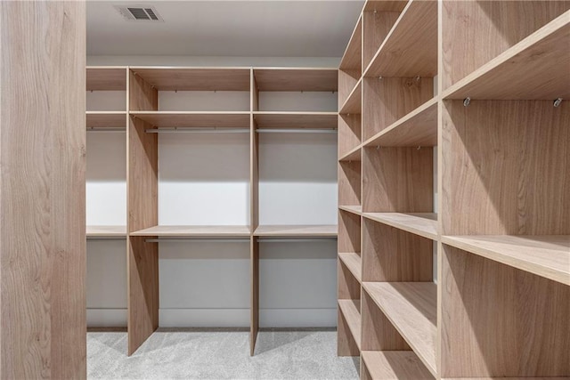 walk in closet with light colored carpet