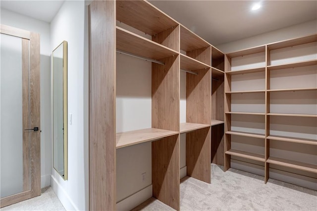 walk in closet with light colored carpet