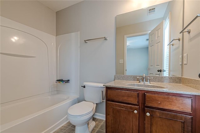 full bathroom with vanity, toilet, and shower / washtub combination