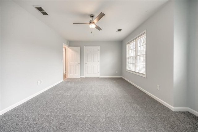 unfurnished bedroom featuring carpet flooring and ceiling fan