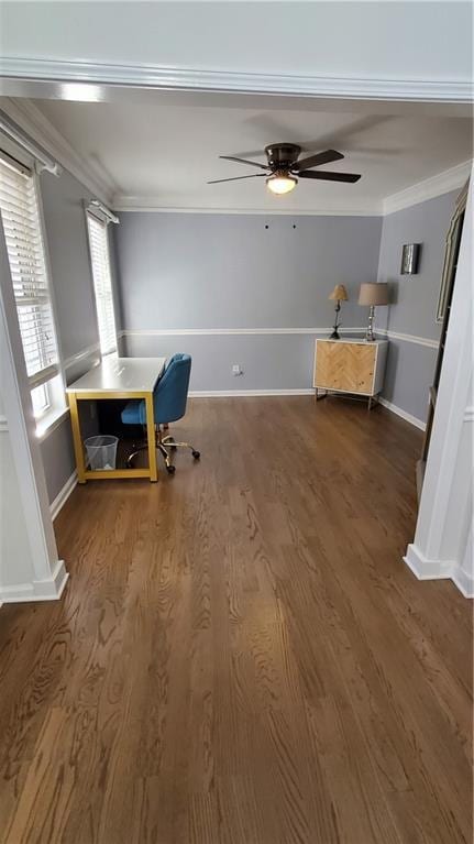 unfurnished office with hardwood / wood-style flooring and ornamental molding