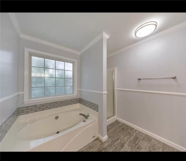 bathroom featuring wood-type flooring, ornamental molding, and plus walk in shower