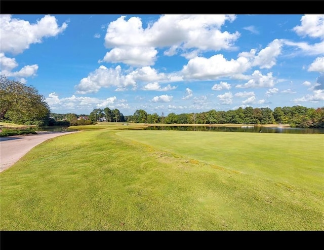 view of community with a lawn and a water view