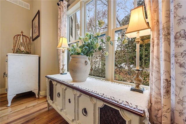 details with visible vents, baseboards, and wood finished floors