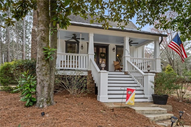 view of front of house with crawl space, covered porch, and a chimney