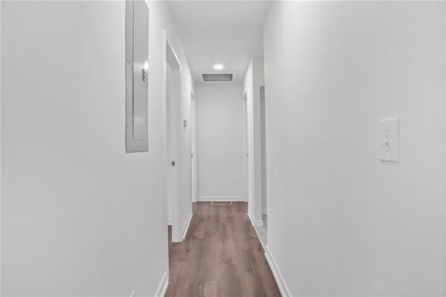 hallway featuring electric panel and wood-type flooring