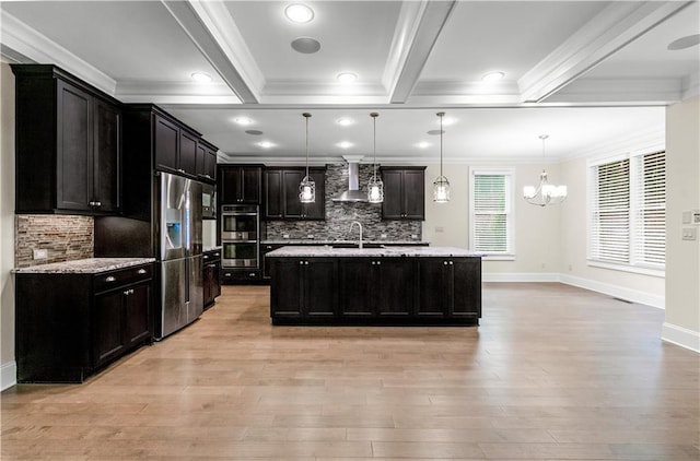 3394 Bryerstone Cir SE, Smyrna, GA 30080 - kitchen featuring a sink, crown molding, appliances with stainless steel finishes, wall chimney exhaust hood, and beamed ceiling