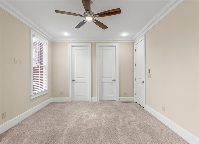 3394 Bryerstone Cir SE, Smyrna, GA 30080 - unfurnished bedroom featuring crown molding, light carpet, recessed lighting, baseboards, and a ceiling fan