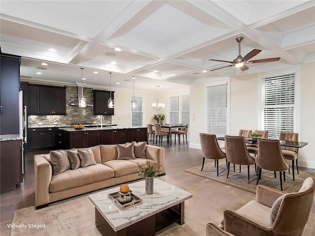3394 Bryerstone Cir SE, Smyrna, GA 30080 - living room with light wood-style flooring, coffered ceiling, ceiling fan, recessed lighting, and beam ceiling