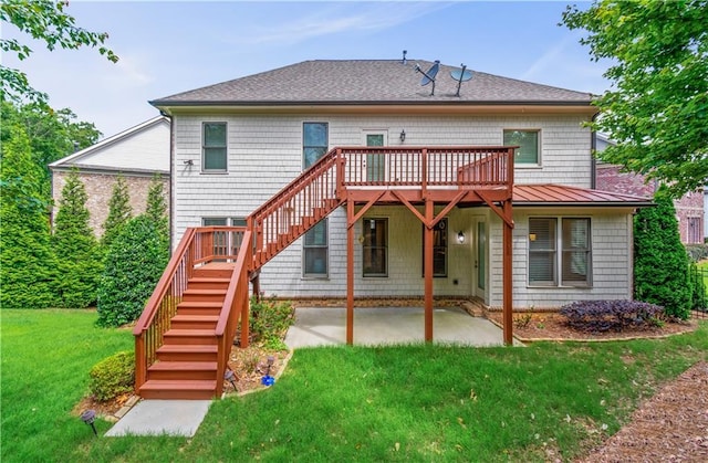 3394 Bryerstone Cir SE, Smyrna, GA 30080 - back of property with stairs, a standing seam roof, a patio area, a wooden deck, and a yard