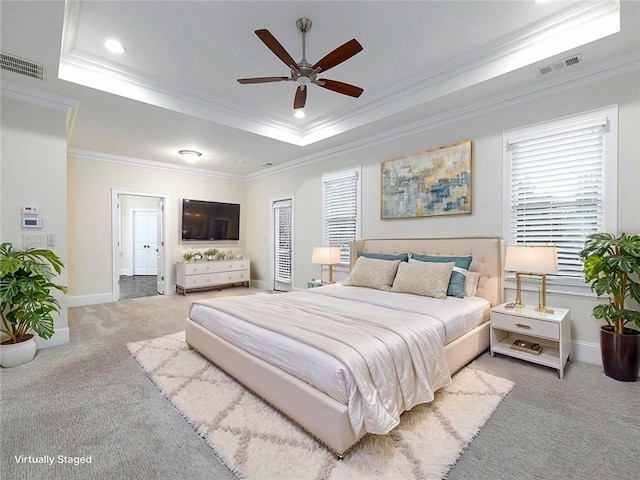 3394 Bryerstone Cir SE, Smyrna, GA 30080 - carpeted bedroom with a tray ceiling, crown molding, baseboards, recessed lighting, and ceiling fan