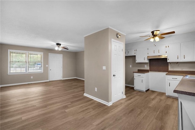 kitchen featuring ceiling fan, white cabinetry, and light hardwood / wood-style flooring