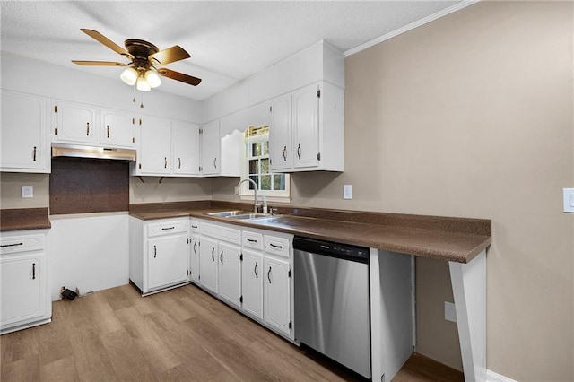 kitchen with sink, stainless steel dishwasher, ceiling fan, white cabinetry, and light wood-type flooring