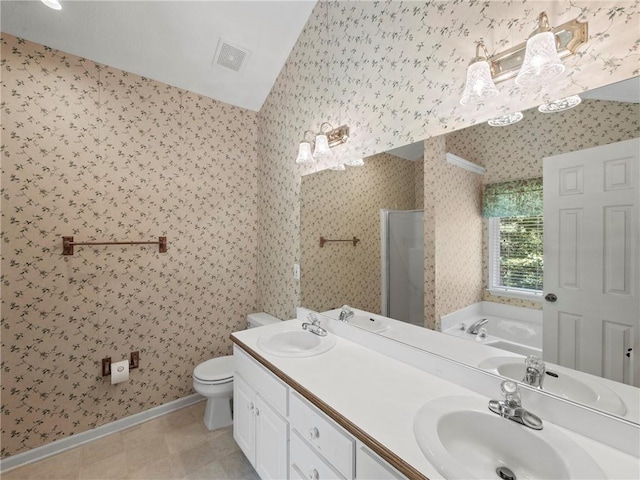 4654 Fox Forrest Dr, Flowery Branch, GA 30542 - full bath featuring wallpapered walls, a stall shower, toilet, baseboards, and a garden tub