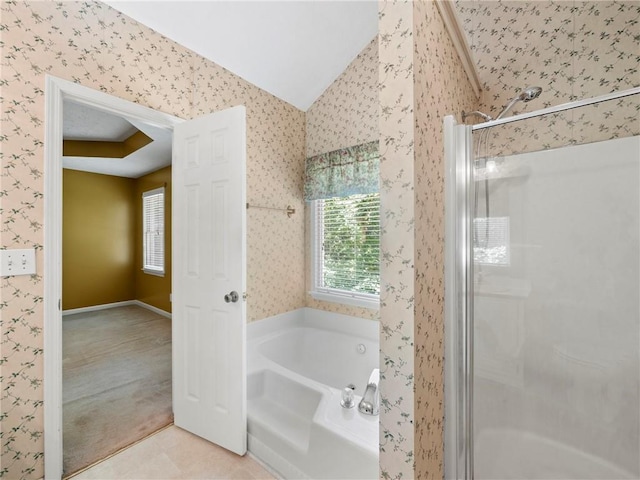 4654 Fox Forrest Dr, Flowery Branch, GA 30542 - full bath featuring a stall shower, wallpapered walls, a bath, lofted ceiling, and tile patterned flooring