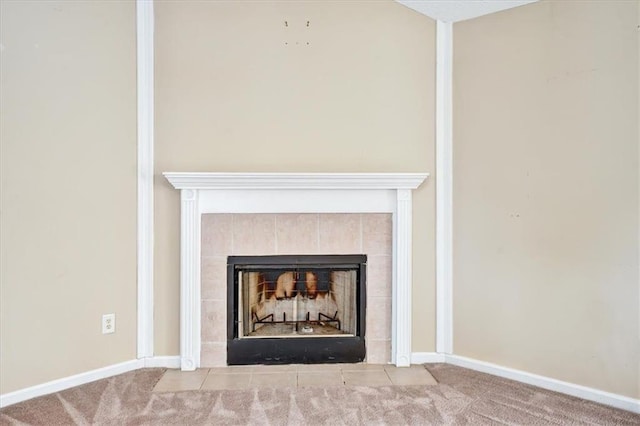 501 Barhams Ridge Dr, Mcdonough, GA 30252 - room details featuring carpet floors, a tiled fireplace, and baseboards