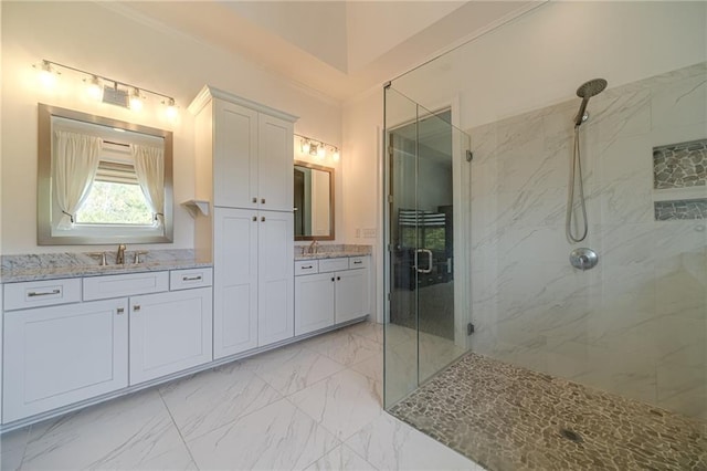 5960 Overlook Club Cir, Suwanee, GA 30024 - bathroom with a marble finish shower, vanity, and marble look tile flooring