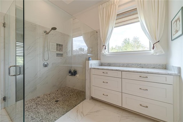 5960 Overlook Club Cir, Suwanee, GA 30024 - full bath with a marble finish shower, marble look tiles, and healthy amount of natural light
