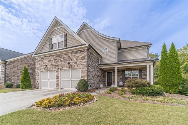 5960 Overlook Club Cir, Suwanee, GA 30024 - view of front facade with driveway, an attached garage, a front lawn, stone siding, and a standing seam roof