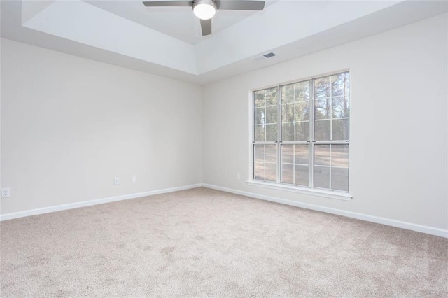 spare room with a raised ceiling, ceiling fan, and carpet