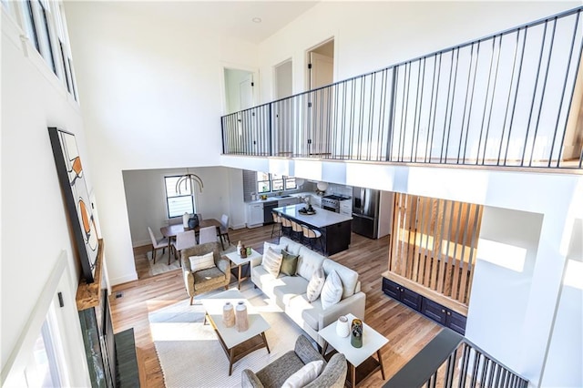 living room with wood-type flooring and a high ceiling