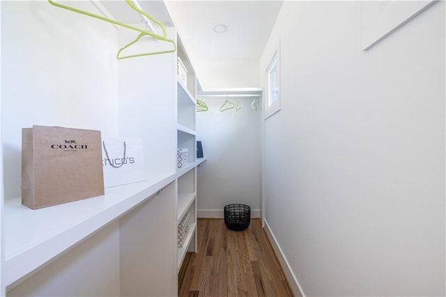 walk in closet with hardwood / wood-style floors