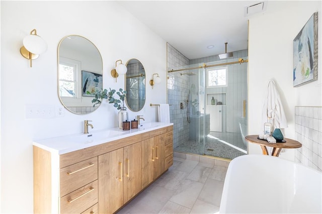 bathroom featuring vanity, a healthy amount of sunlight, and walk in shower