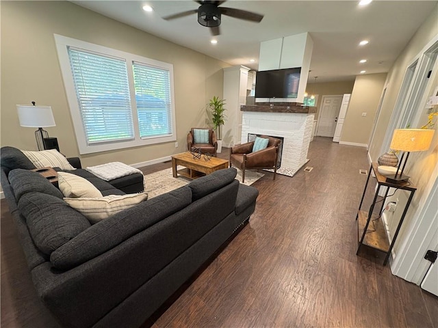 2148 Martin Luther King Jr Dr SW, Atlanta, GA 30310 - living area featuring a ceiling fan, dark wood-style flooring, recessed lighting, and a fireplace with flush hearth