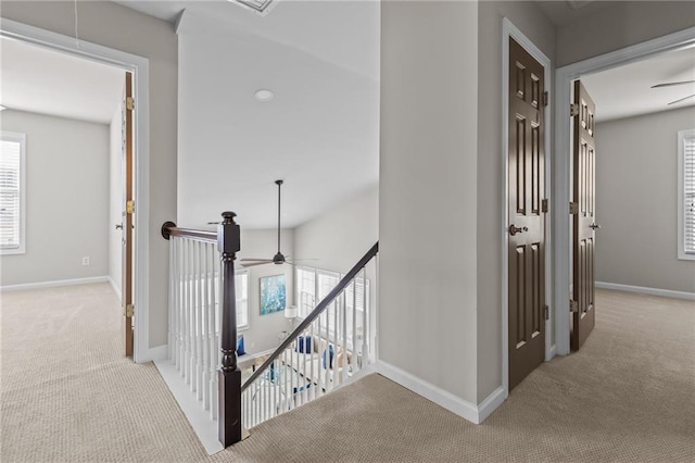 hallway with carpet floors, an upstairs landing, and plenty of natural light