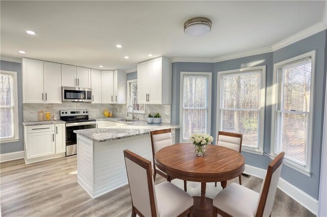 kitchen with tasteful backsplash, appliances with stainless steel finishes, a peninsula, white cabinetry, and a sink