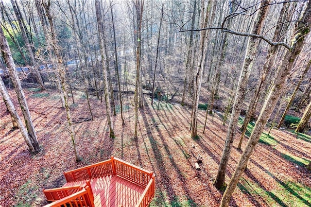 view of yard with a wooded view and a wooden deck